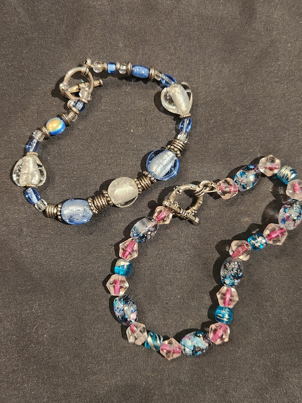 Two Silver Tone Multicolor Glass Bead Toggle Clasp Bracelets